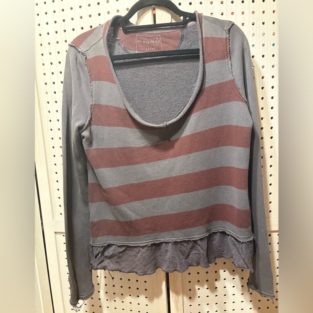Free People (We The Free) Gray and Dark Red Striped Blouse